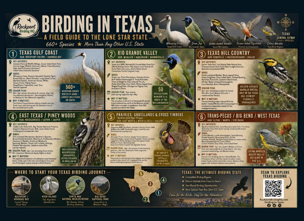 Texas birding hotspots field guide — all 6 regions with species and hotspots